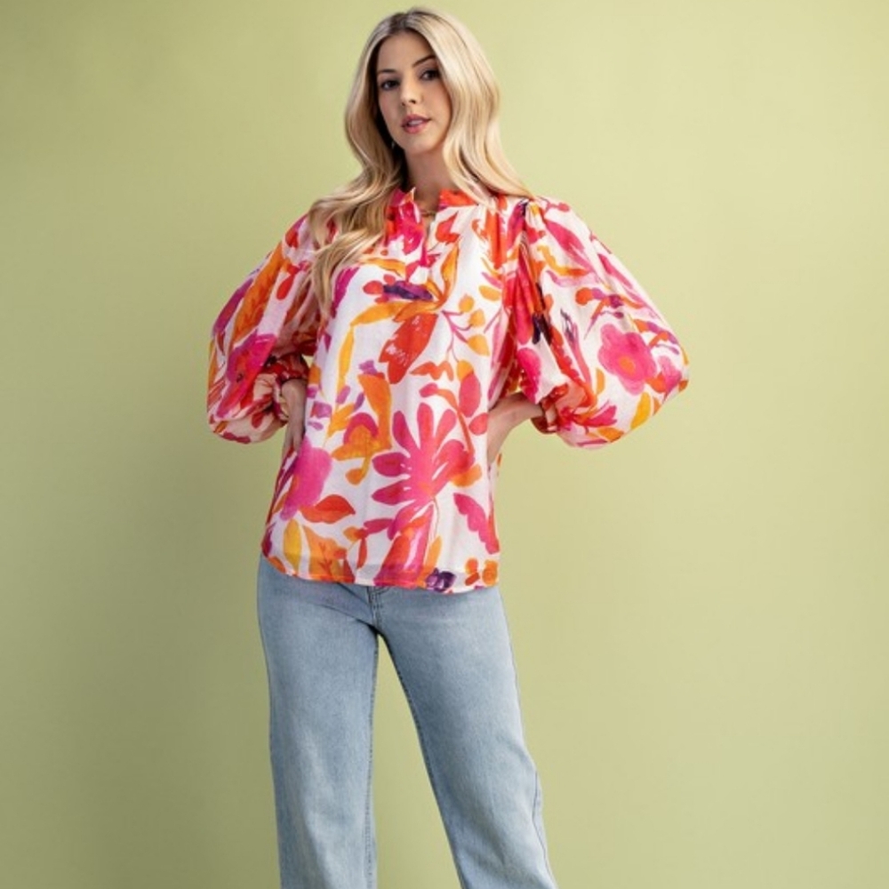 Floral Puff Sleeve Blouse and Light Wash Jeans